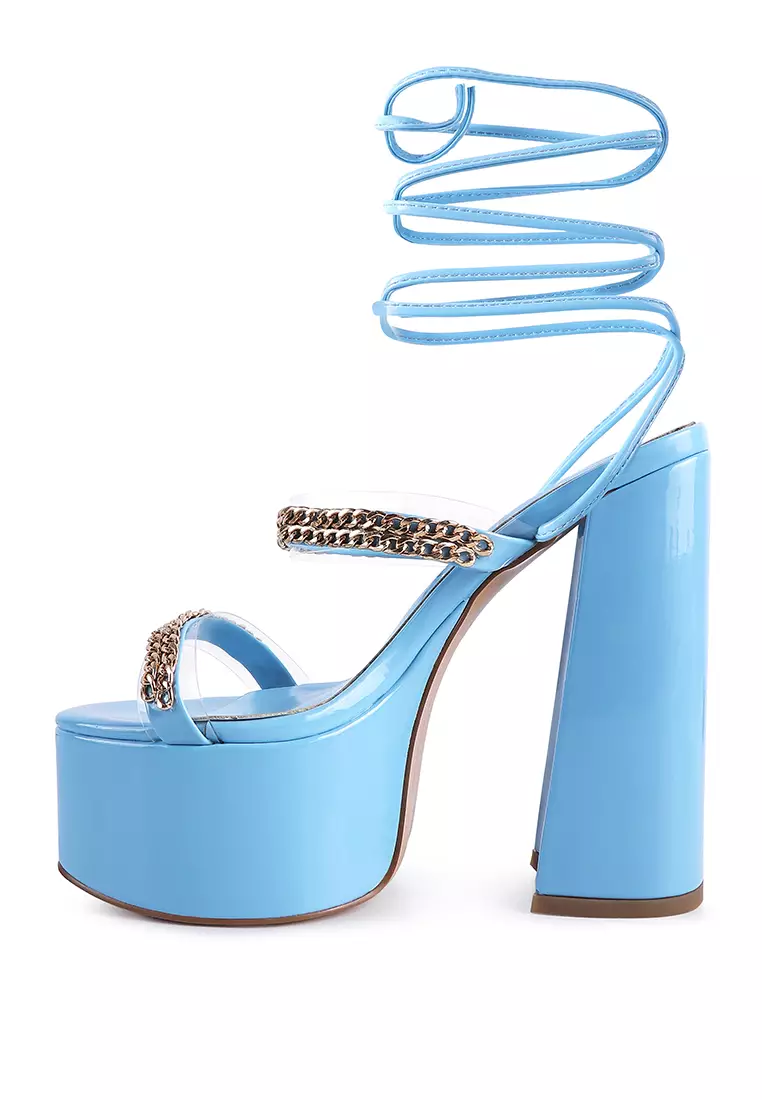 London Rag Blue Metal Chain Lace Up Chunky Sandals