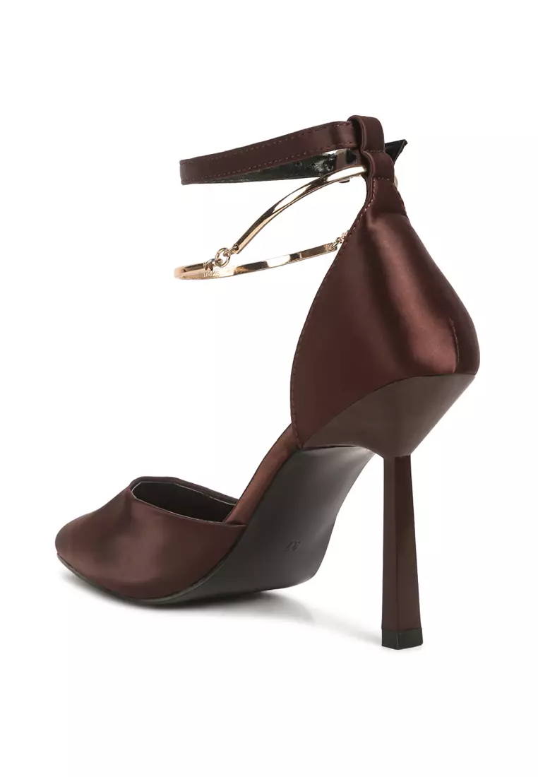 London Rag Dark Brown Satin High Heeled Anklet Sandals