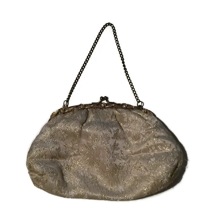 Lovely Golden Metallic Embroidered Champagne Silk Handbag w/ Rhinestones circa 1950s