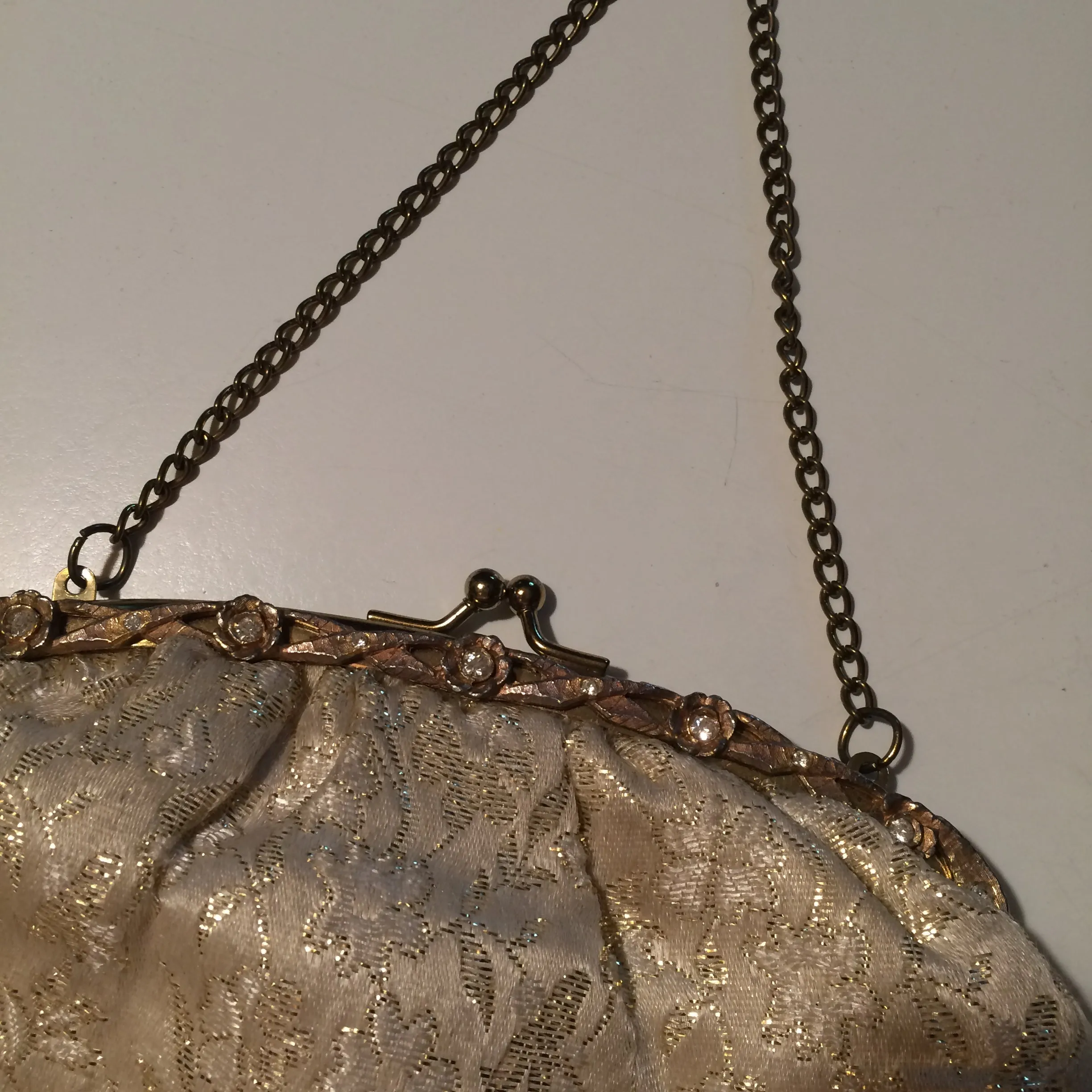 Lovely Golden Metallic Embroidered Champagne Silk Handbag w/ Rhinestones circa 1950s