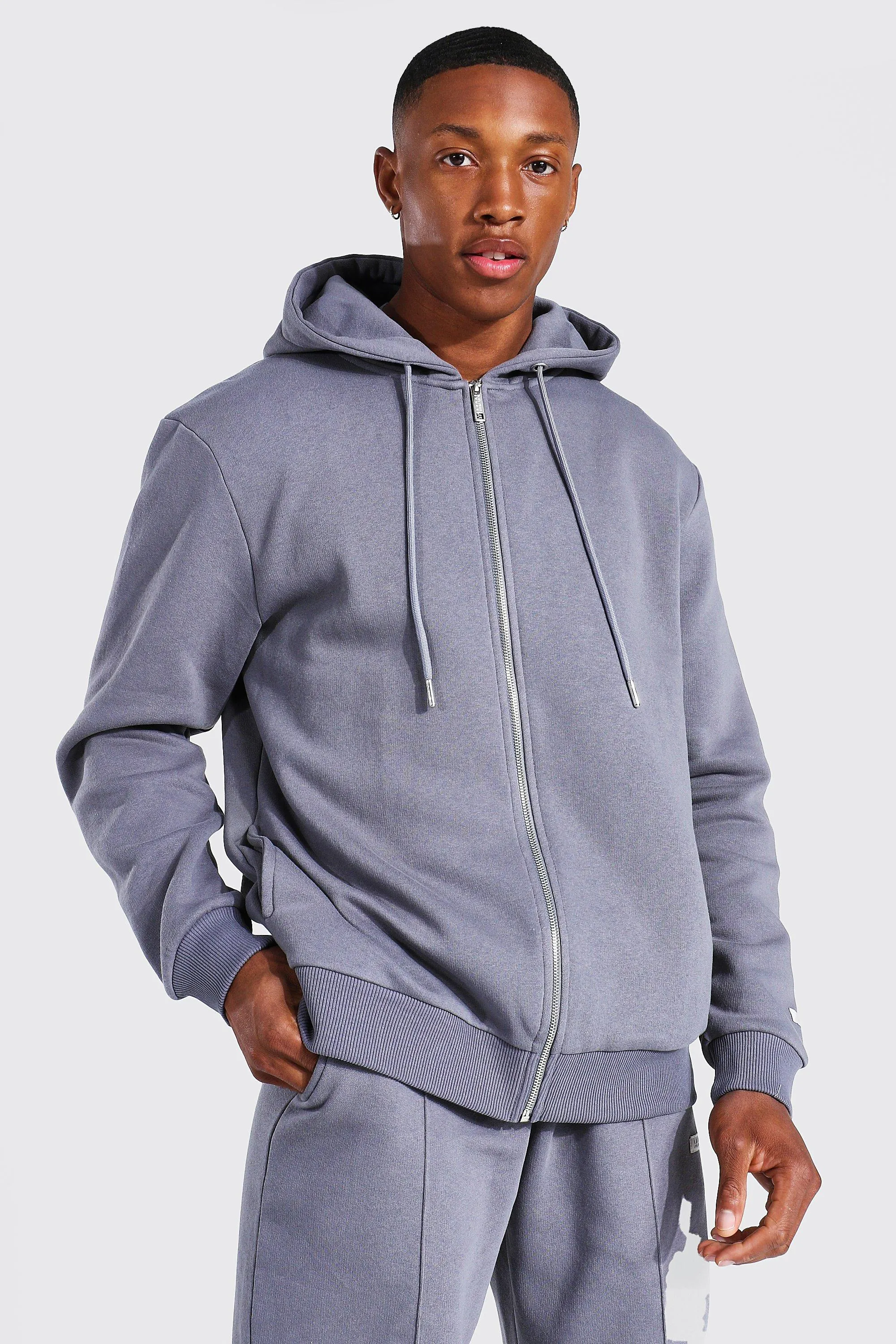 Man Woven Tab Zip Through Hoodie