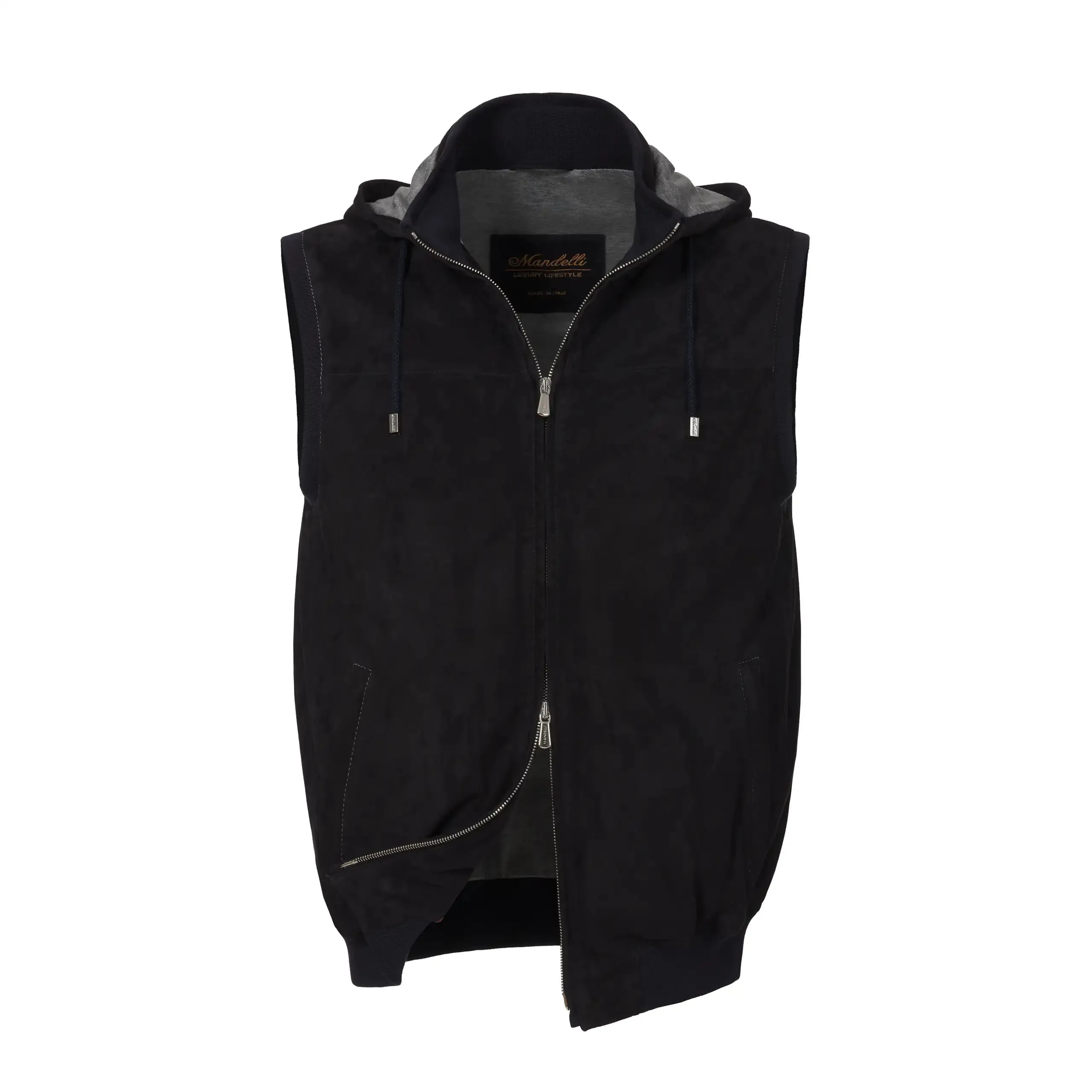  Mandelli Hooded Leather Vest in Dark Blue