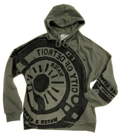 Manhole Cover Print Pullover Hoodie, Spirit of Detroit. Military Green, Unisex