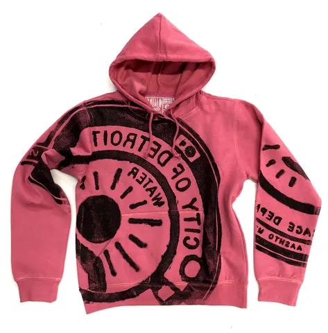 Manhole Cover Print Women's Pullover Hoodie, Spirit of Detroit. Flamingo Pink