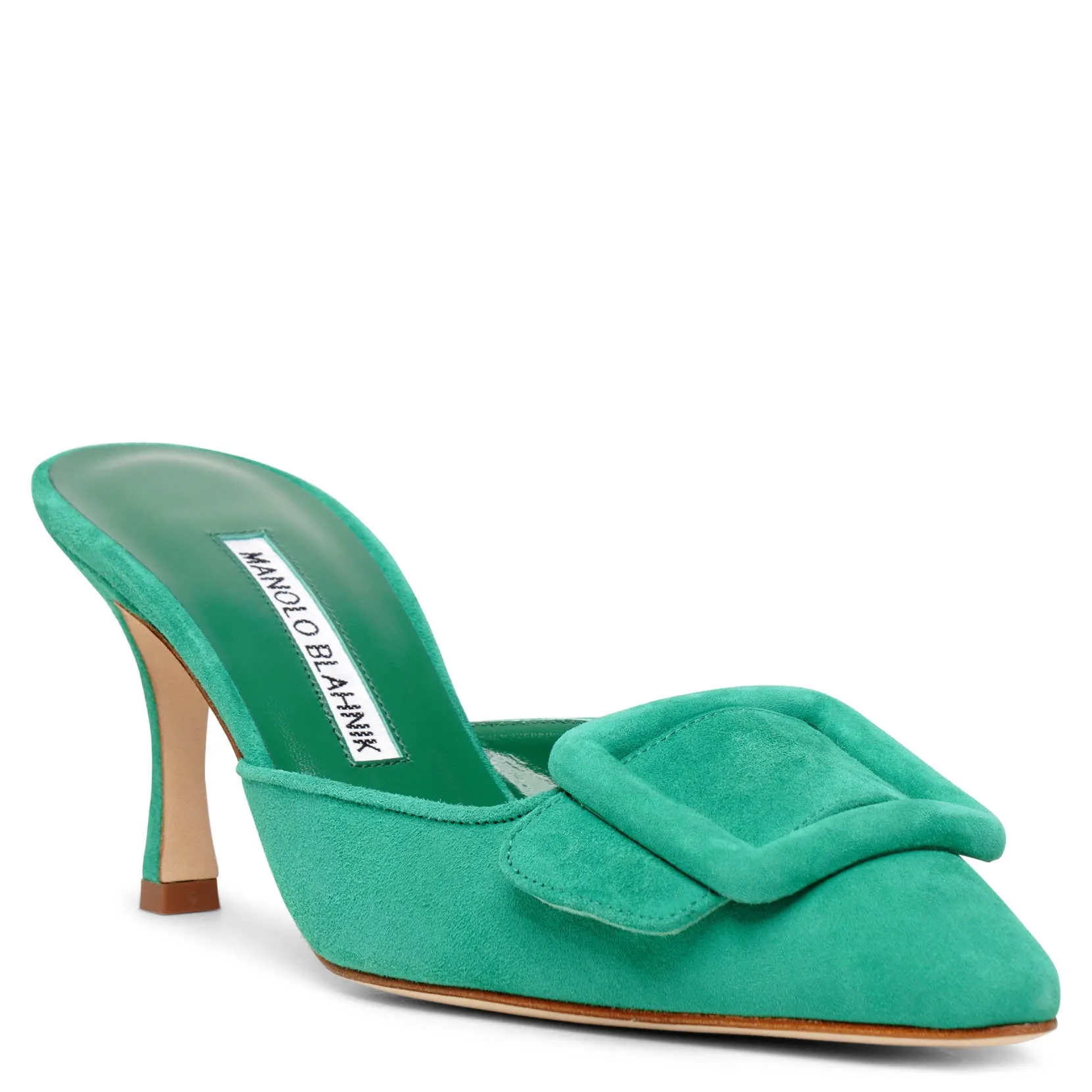 Manolo Blahnik Maysale 70 green suede mules