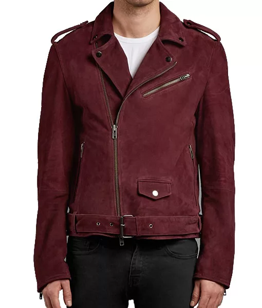 Men's Burgundy Suede Leather Double Rider Biker Jacket | TLC