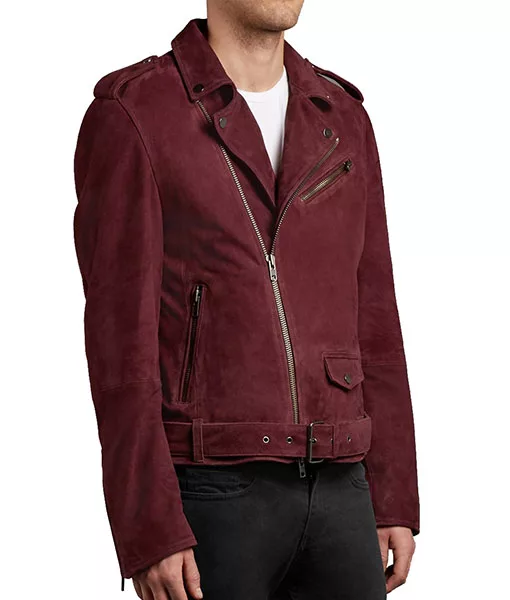 Men's Burgundy Suede Leather Double Rider Biker Jacket | TLC