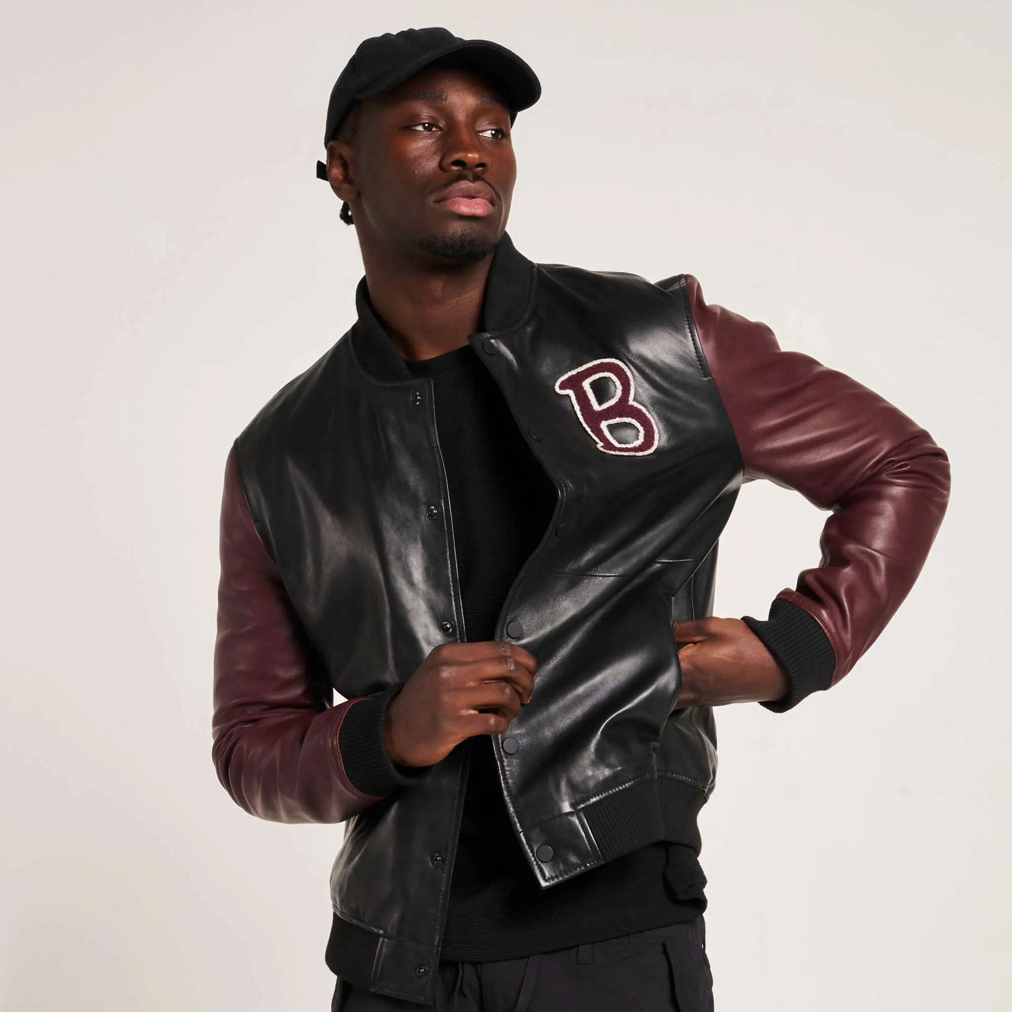 Men's Real Leather Varsity Jacket in Black and Maroon - Barneys Originals