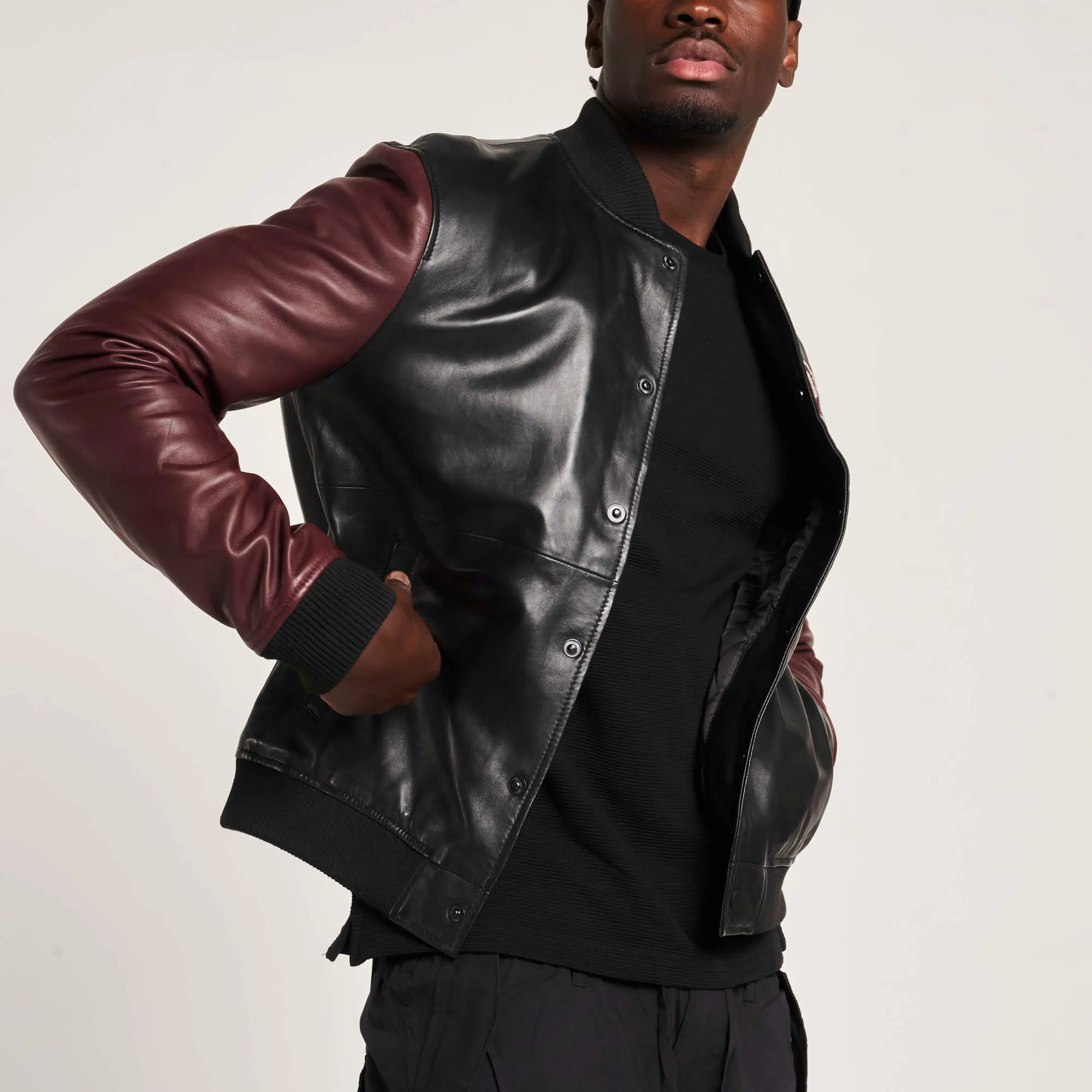 Men's Real Leather Varsity Jacket in Black and Maroon - Barneys Originals