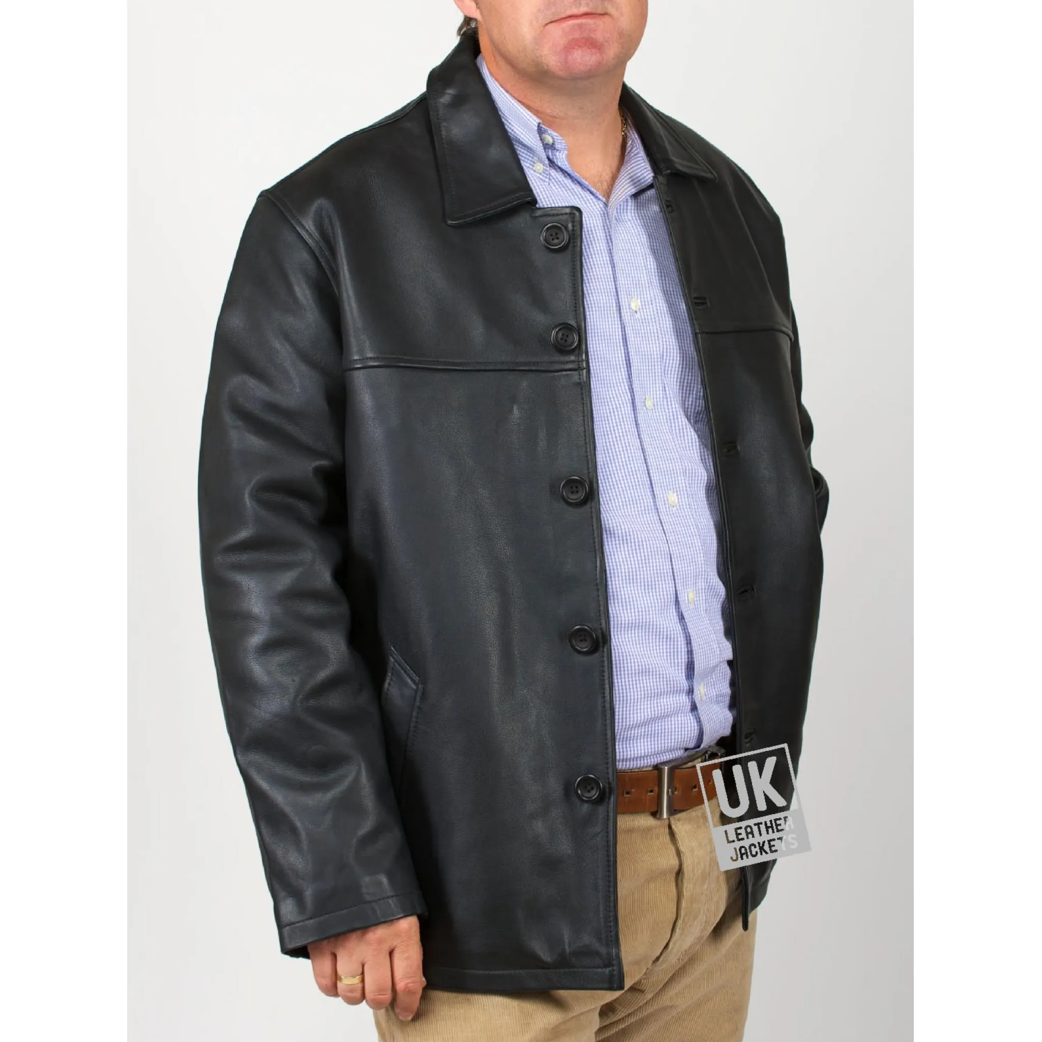 Mens 3/4 Length Black Leather Jacket - Plus Size - Moore - Superior Cow Hide | Free UK Delivery