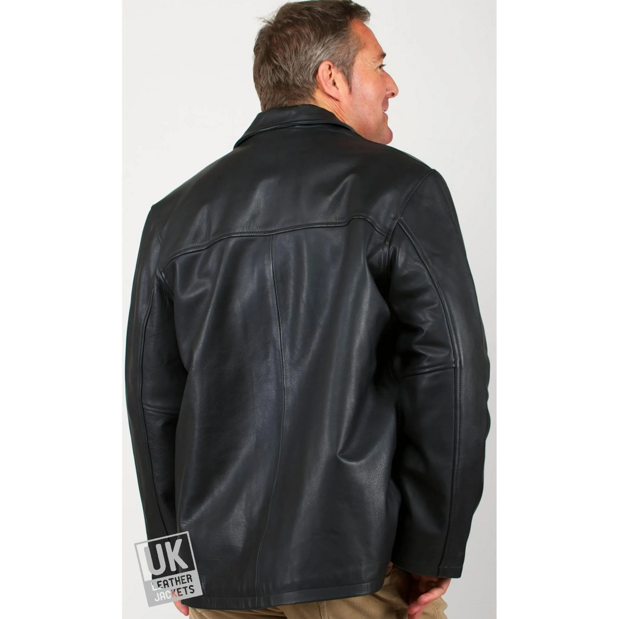 Mens 3/4 Length Black Leather Jacket - Plus Size - Moore - Superior Cow Hide | Free UK Delivery