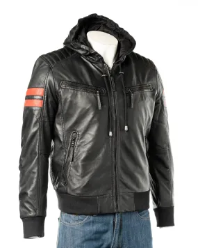 Men's Black Hooded Contrast Panelled Racer Style Leather Jacket: Rolando