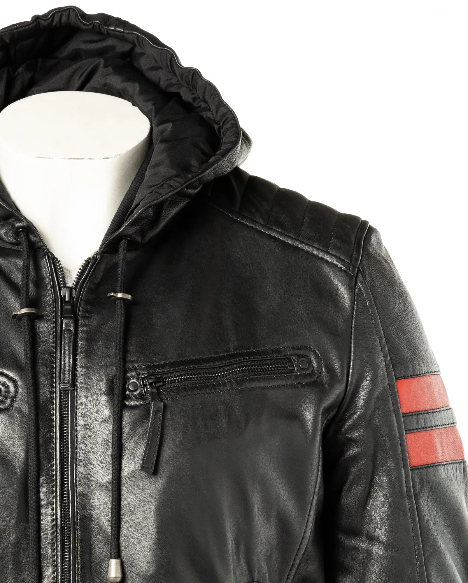 Men's Black Hooded Contrast Panelled Racer Style Leather Jacket: Rolando