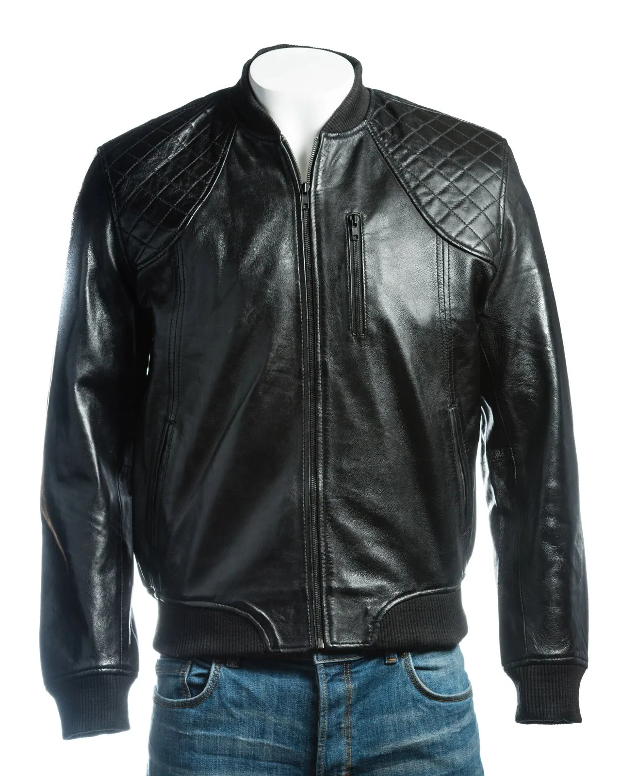 Men's Black Leather Rib Knit Collar Bomber Jacket With Diamond Shoulder Stitch Detail: Romeo