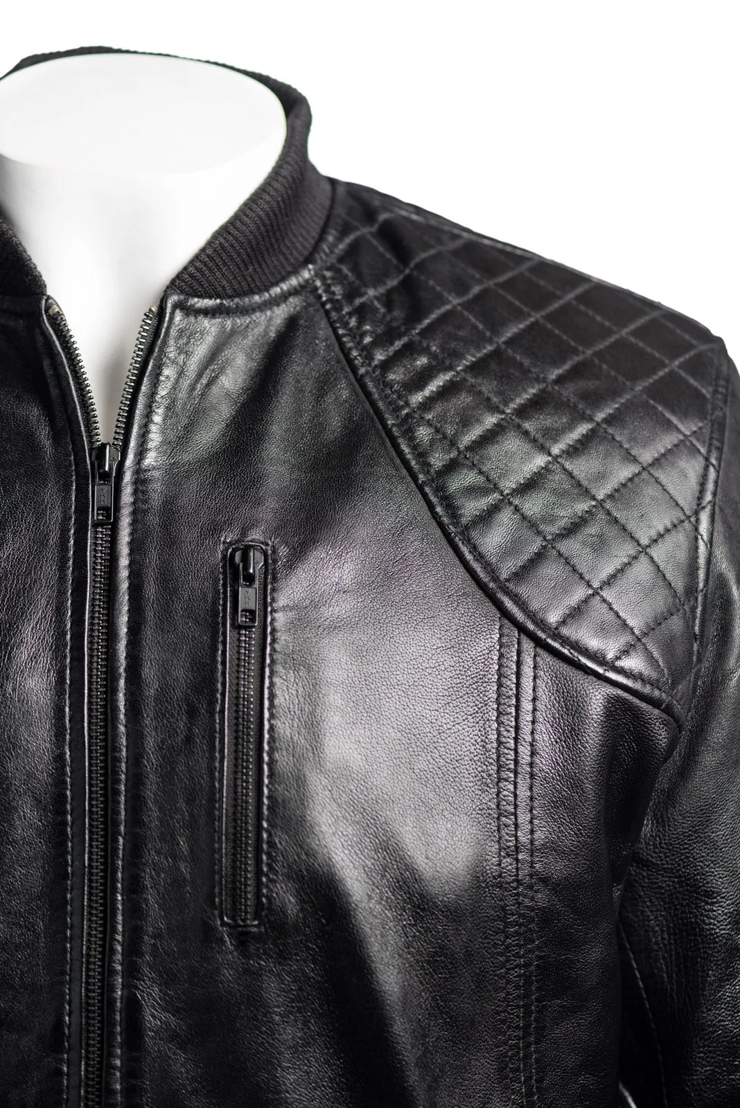 Men's Black Leather Rib Knit Collar Bomber Jacket With Diamond Shoulder Stitch Detail: Romeo