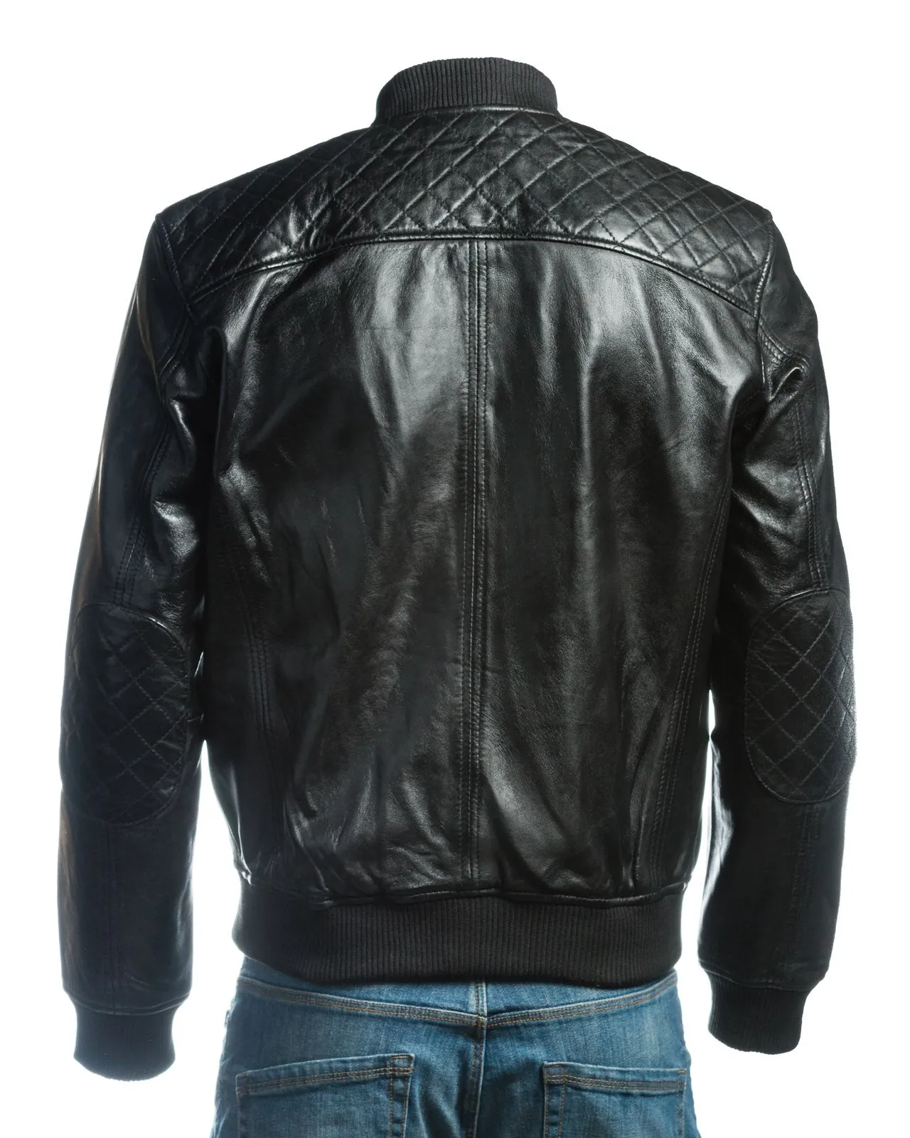 Men's Black Leather Rib Knit Collar Bomber Jacket With Diamond Shoulder Stitch Detail: Romeo