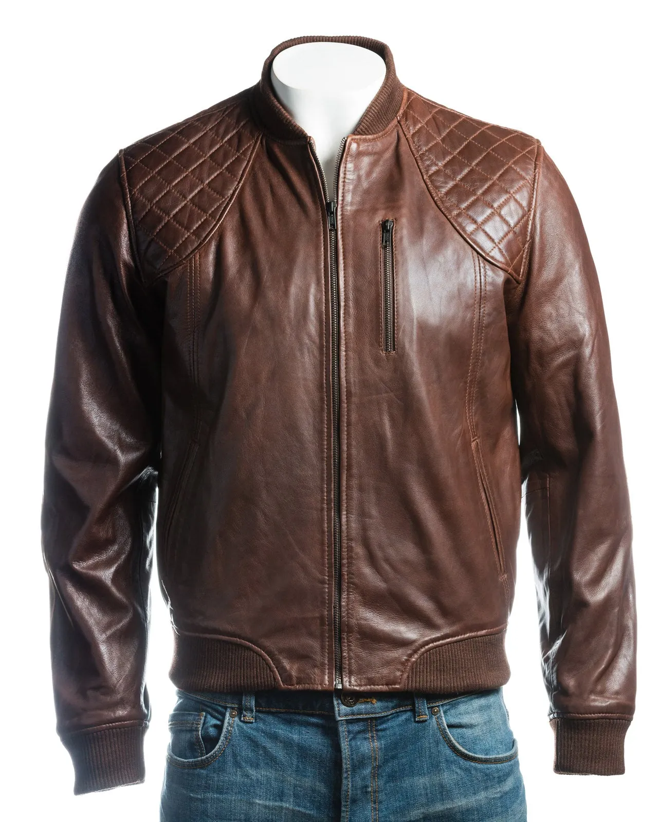 Men's Black Leather Rib Knit Collar Bomber Jacket With Diamond Shoulder Stitch Detail: Romeo