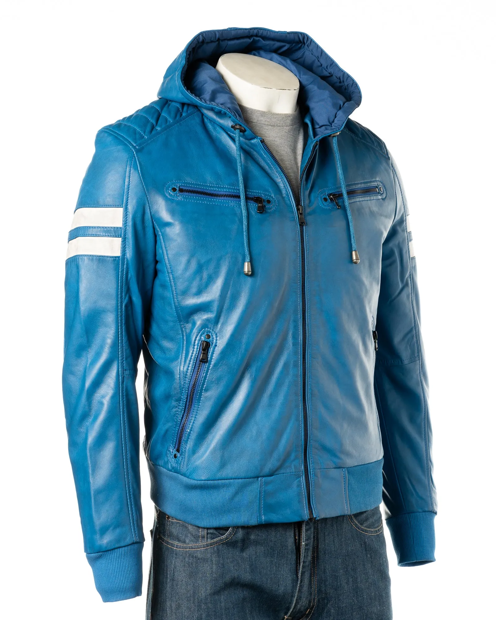 Men's Blue Hooded Contrast Panelled Racer Style Leather Jacket: Rolando