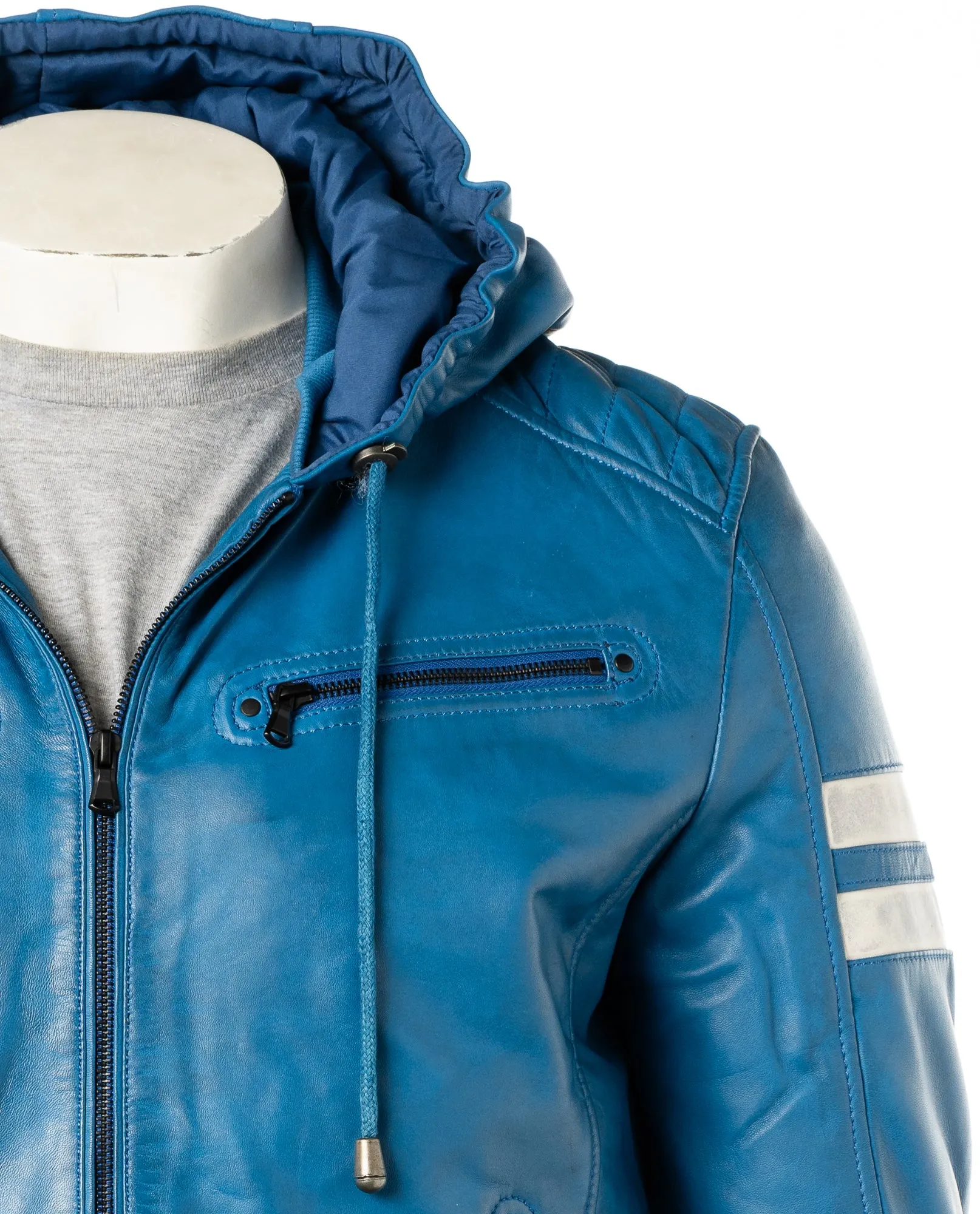 Men's Blue Hooded Contrast Panelled Racer Style Leather Jacket: Rolando