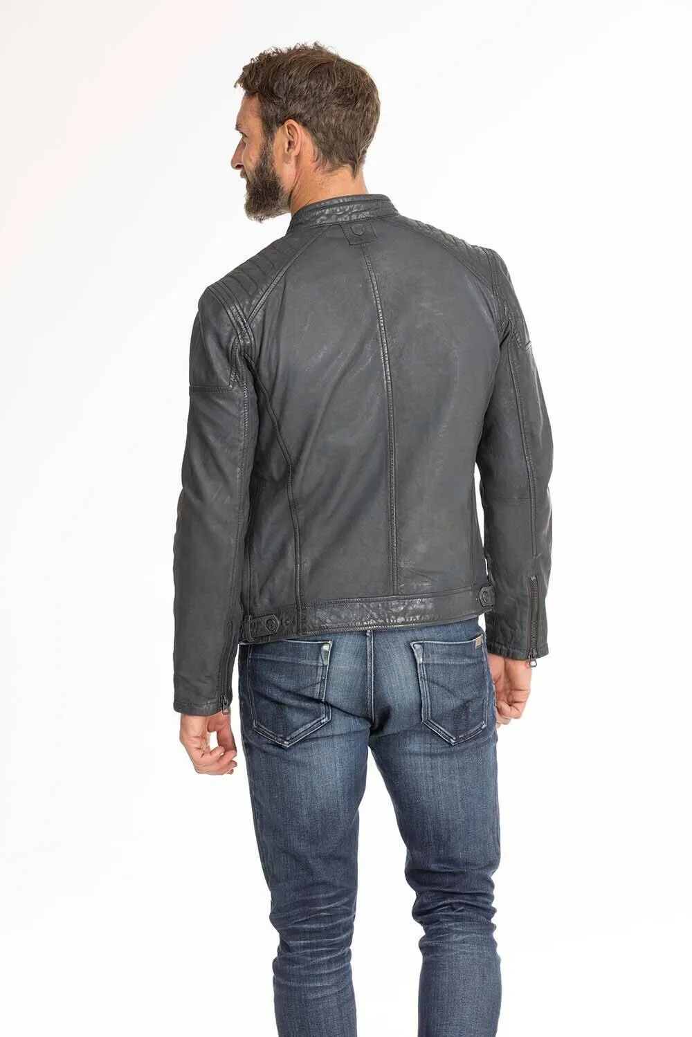 Men's blue leather jacket in gypsy motorcycle style 1201-0485