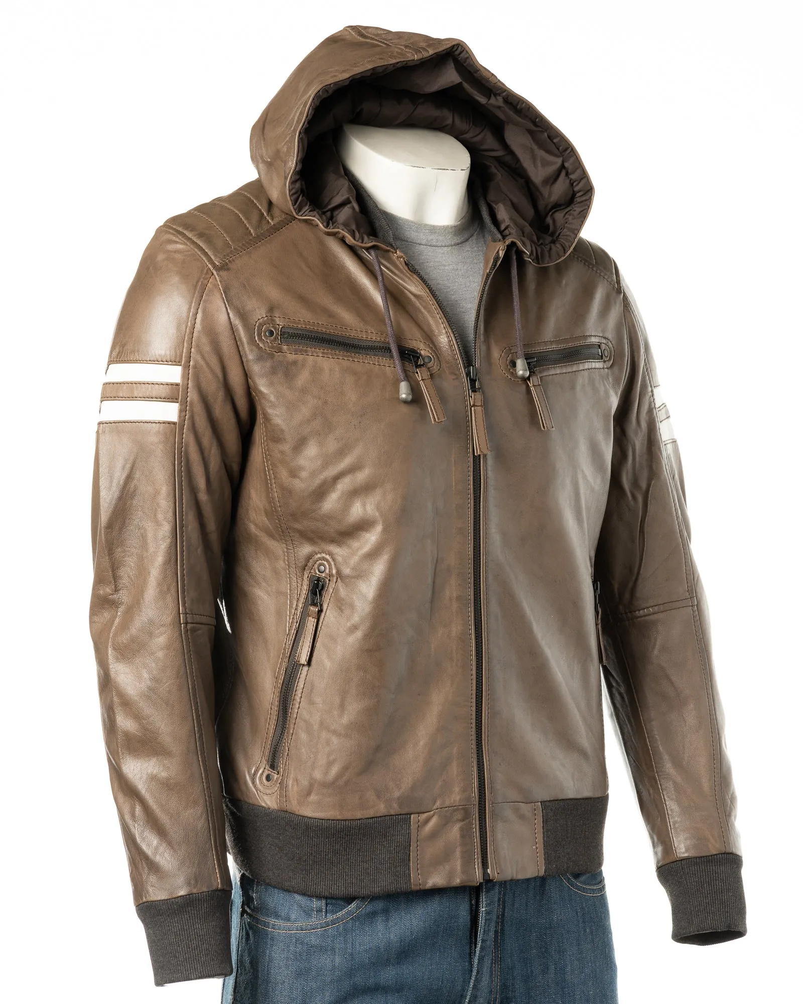 Men's Brown Hooded Contrast Panelled Racer Style Leather Jacket: Rolando