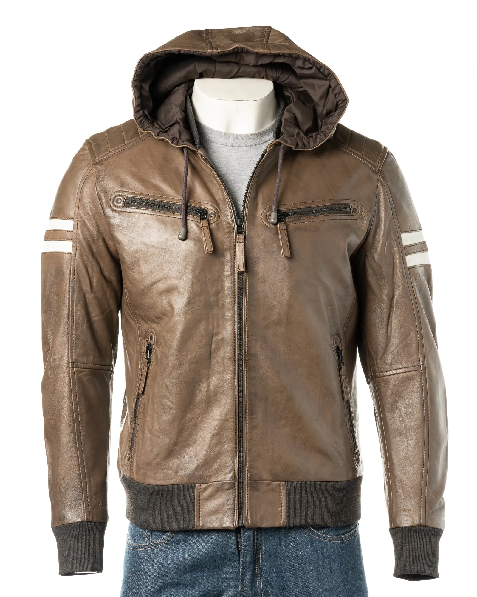 Men's Brown Hooded Contrast Panelled Racer Style Leather Jacket: Rolando