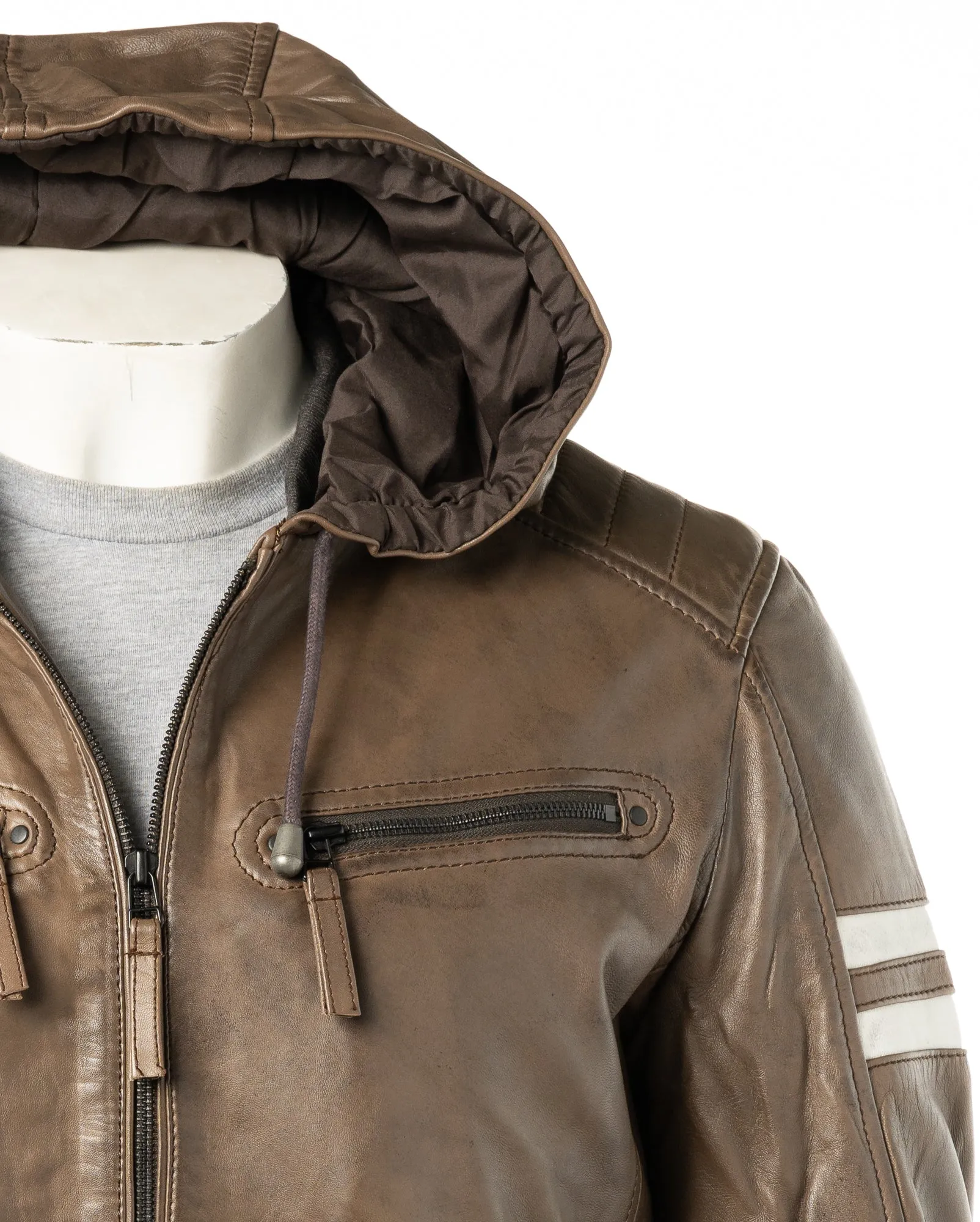 Men's Brown Hooded Contrast Panelled Racer Style Leather Jacket: Rolando