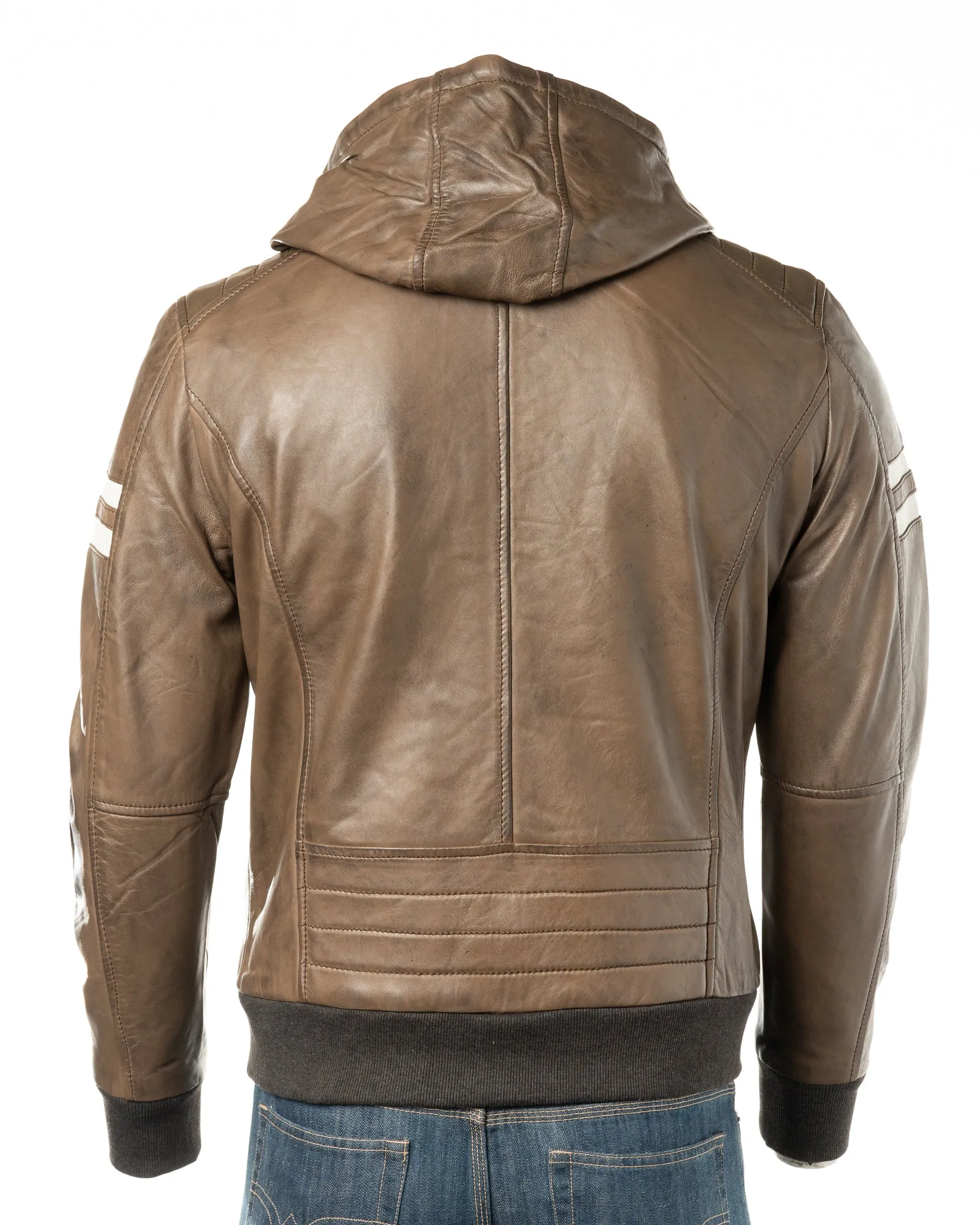 Men's Brown Hooded Contrast Panelled Racer Style Leather Jacket: Rolando