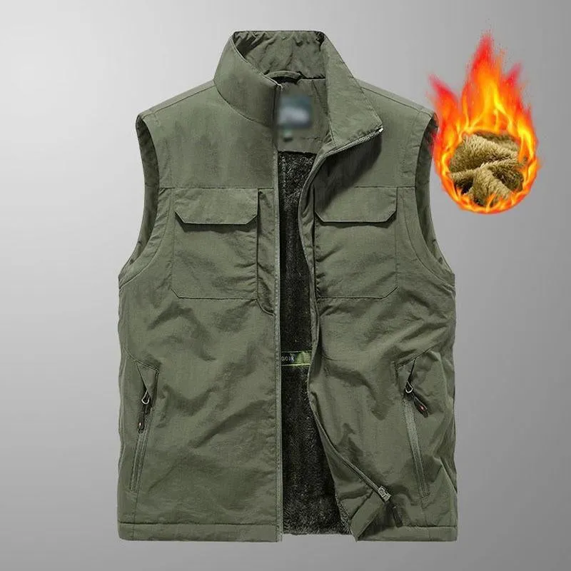 Men's Casual Fleece Warm Multi-pocket Loose Quick-Drying Vest 24481588M