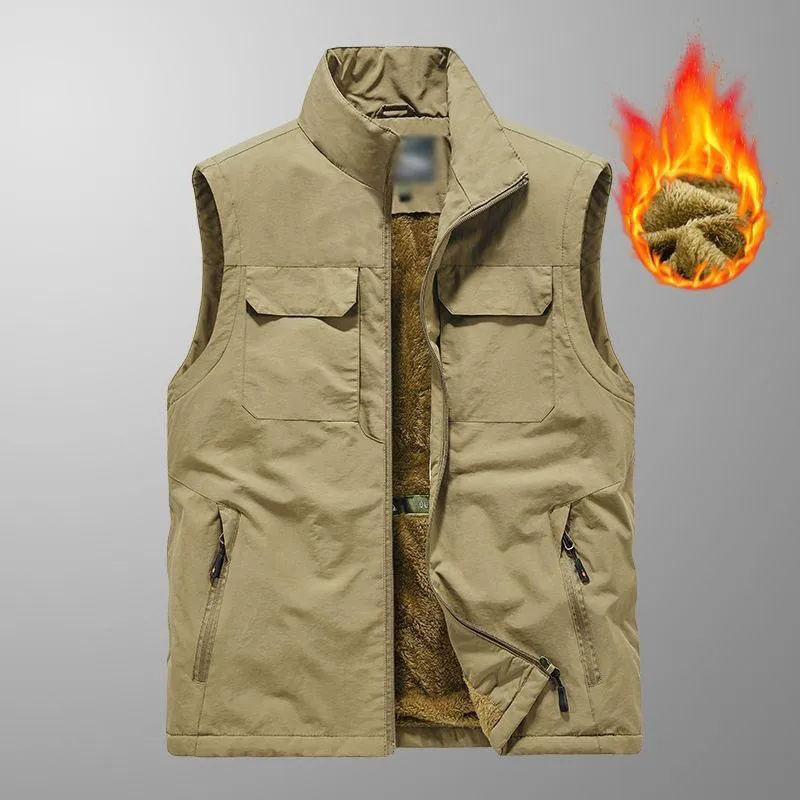 Men's Casual Fleece Warm Multi-pocket Loose Quick-Drying Vest 24481588M