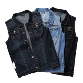 Men's Cotton Loose Cowboy Sleeveless Turn Down Collar Denim Vest Jacket