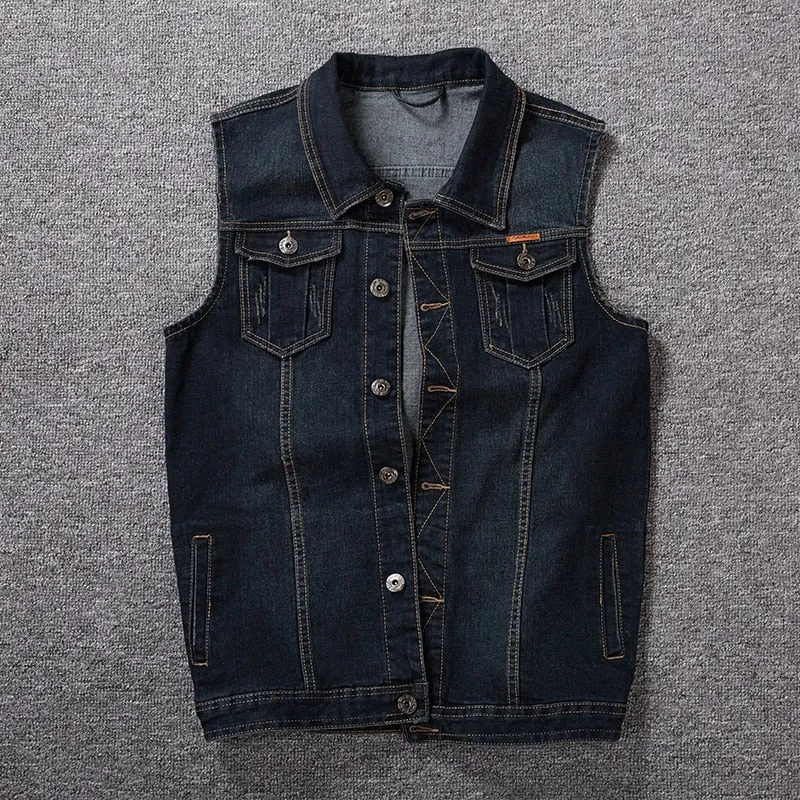 Men's Cotton Loose Cowboy Sleeveless Turn Down Collar Denim Vest Jacket