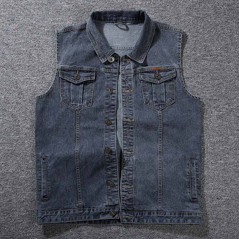 Men's Cotton Loose Cowboy Sleeveless Turn Down Collar Denim Vest Jacket