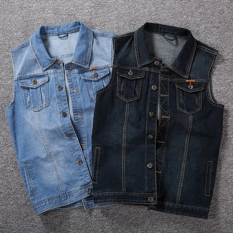 Men's Cotton Loose Cowboy Sleeveless Turn Down Collar Denim Vest Jacket