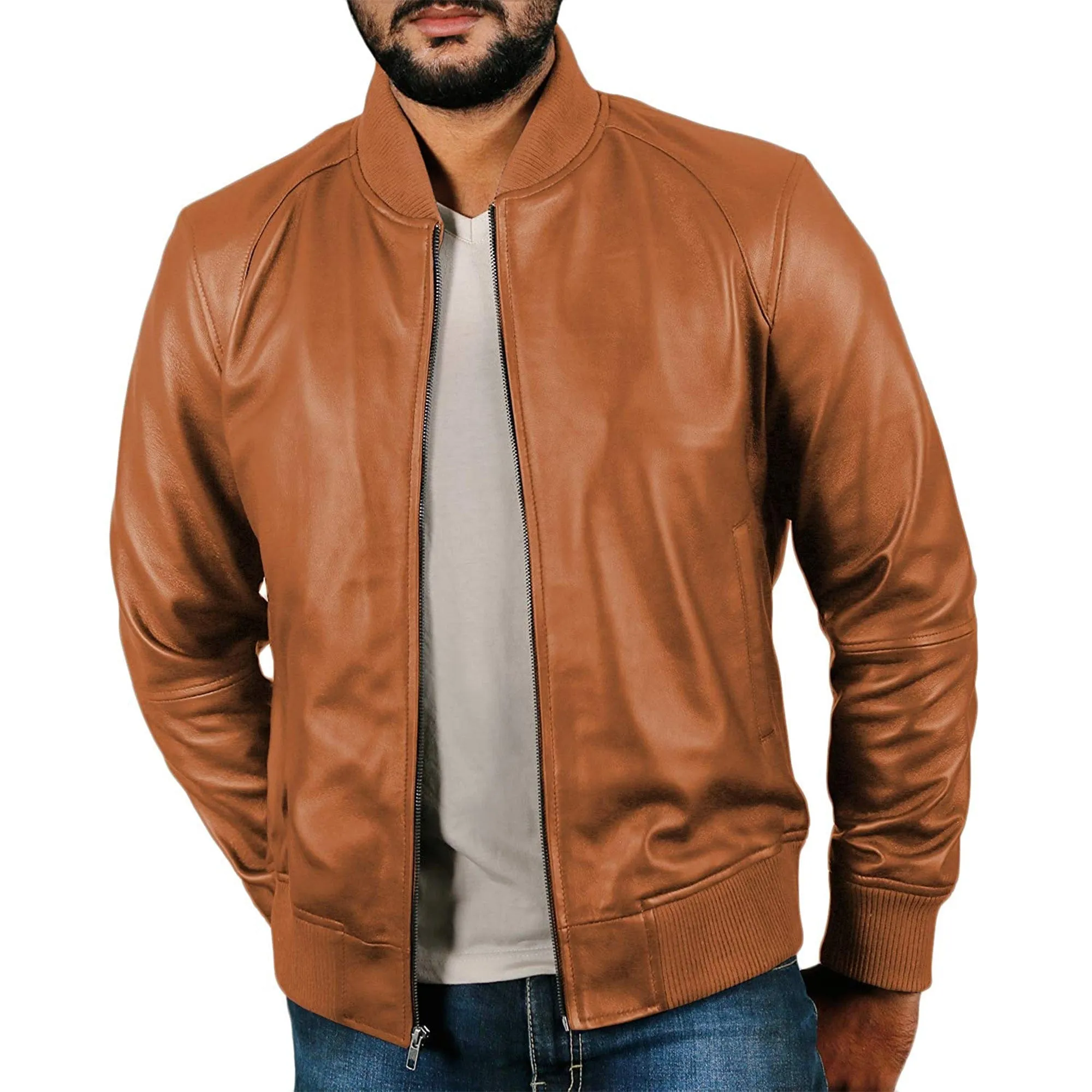 Men's Genuine Leather Plain One Panel Bomber Jacket