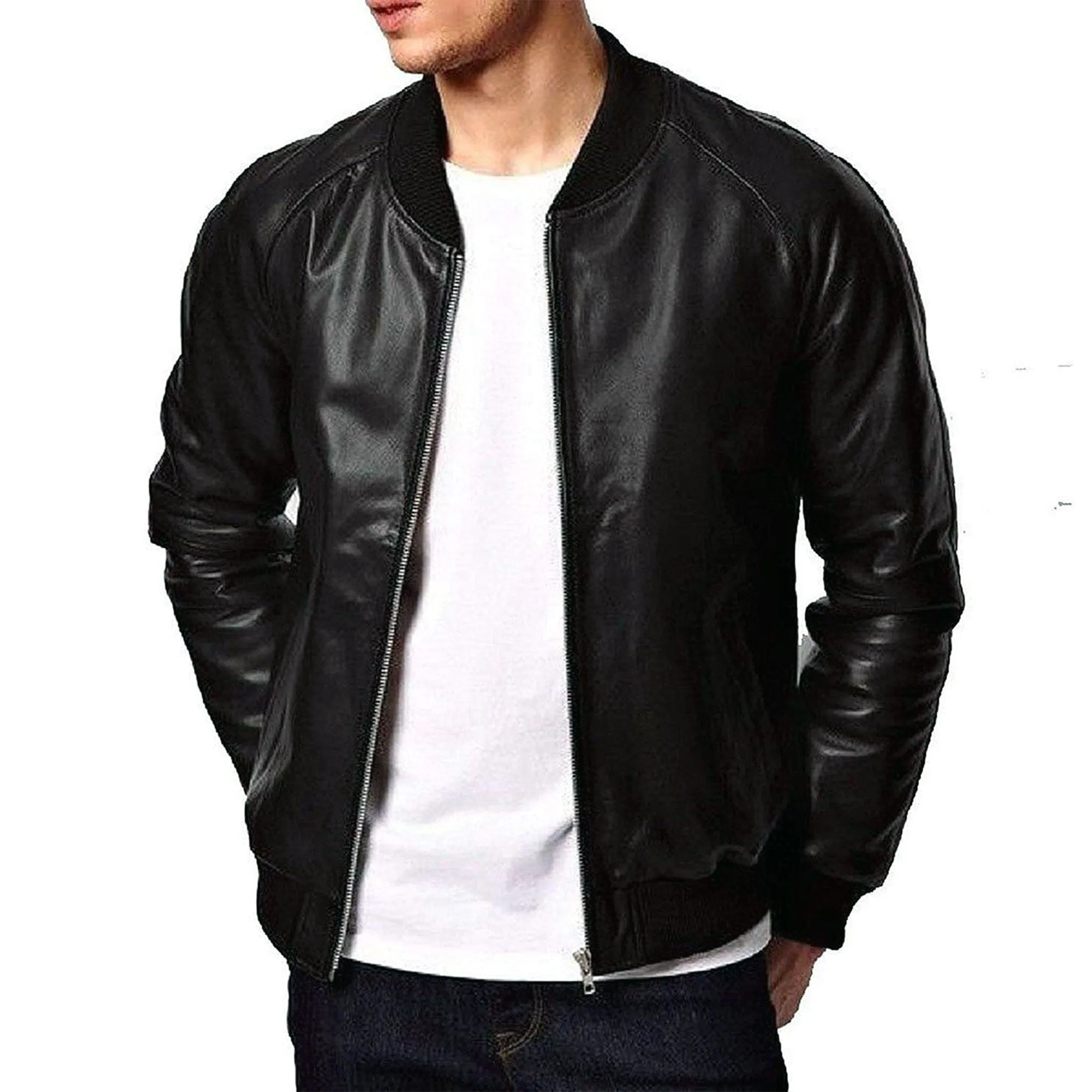 Men's Genuine Leather Plain One Panel Bomber Jacket