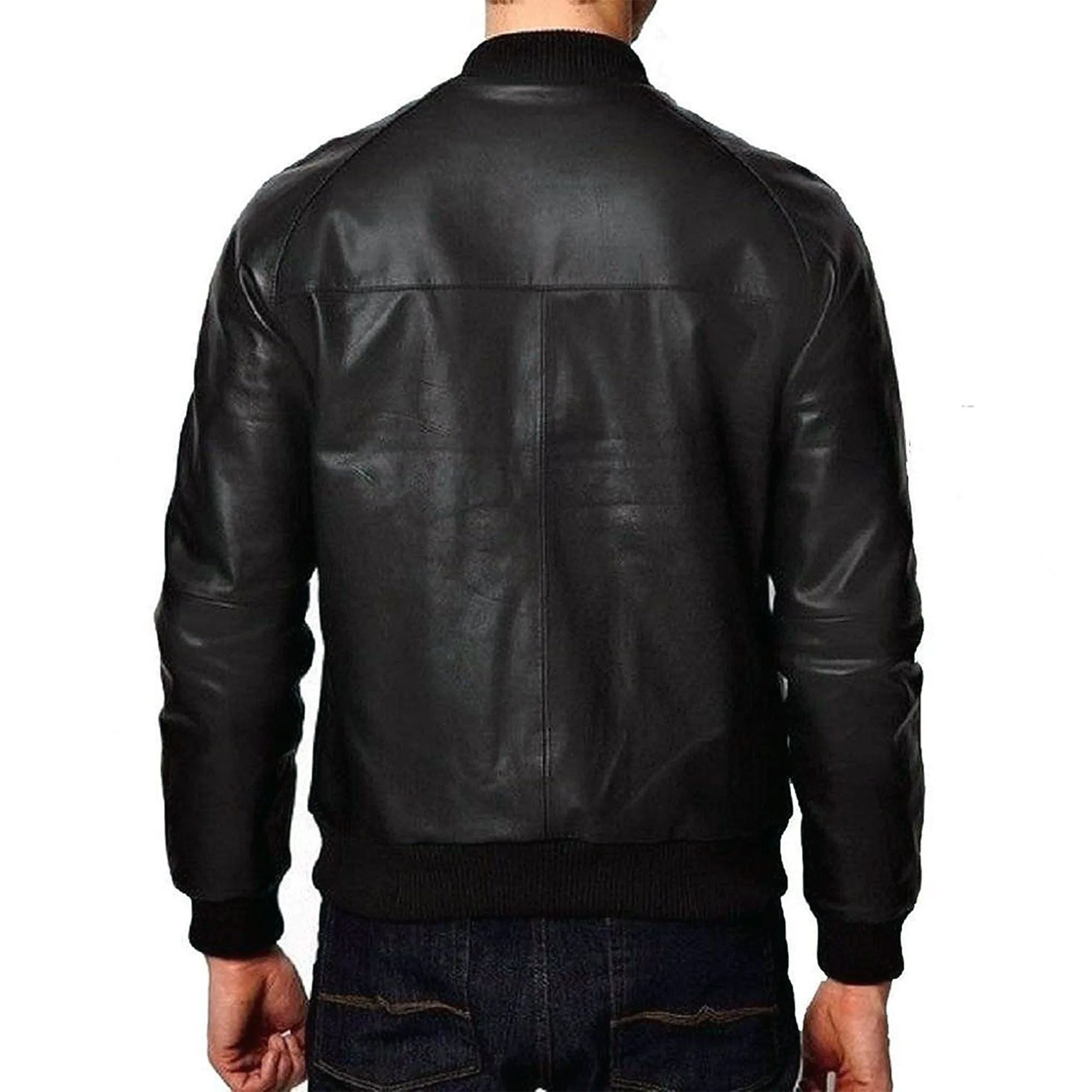 Men's Genuine Leather Plain One Panel Bomber Jacket