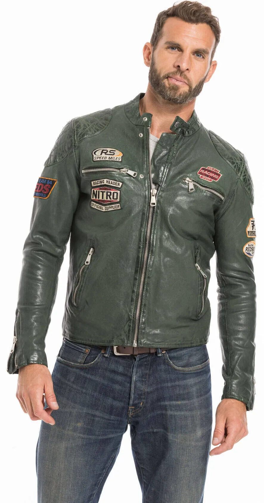 Men's green motorcycle style leather jacket nitro barcelona