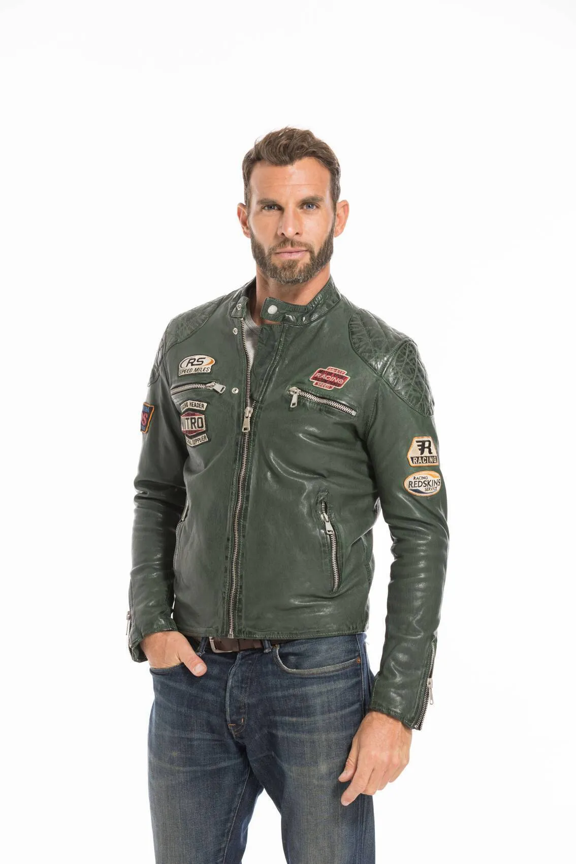 Men's green motorcycle style leather jacket nitro barcelona