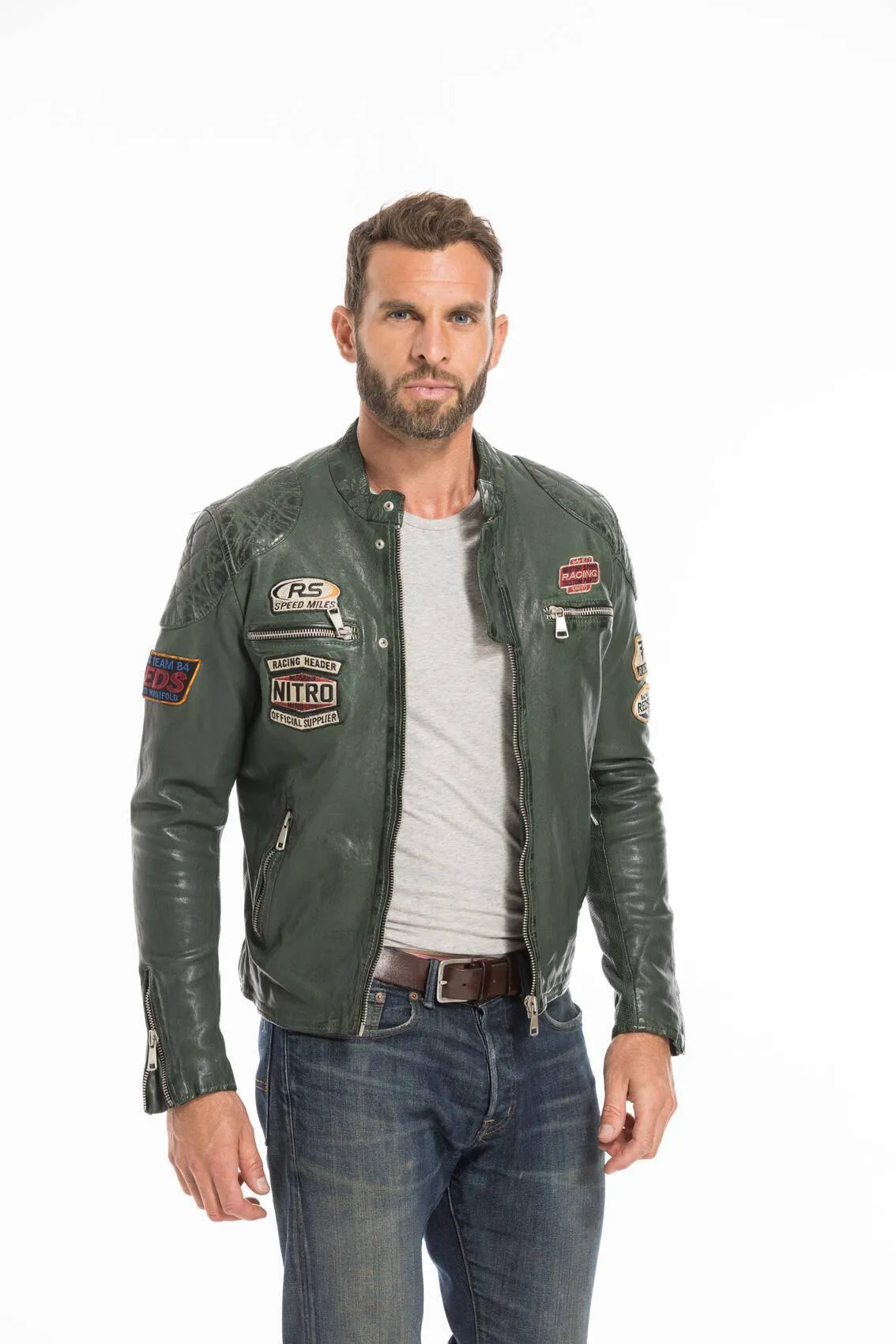 Men's green motorcycle style leather jacket nitro barcelona