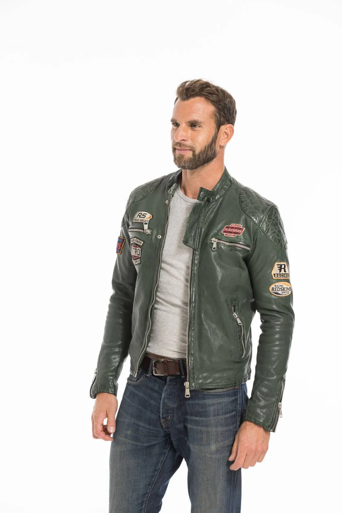 Men's green motorcycle style leather jacket nitro barcelona