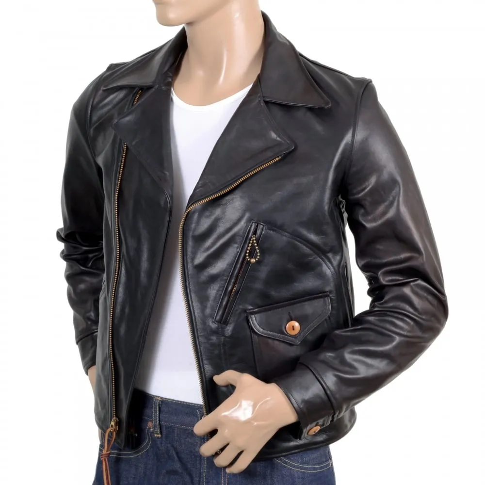 Mens Heavy Weight SC80435 Leather Black Horsehide Aviator Jacket with Full Zip Front