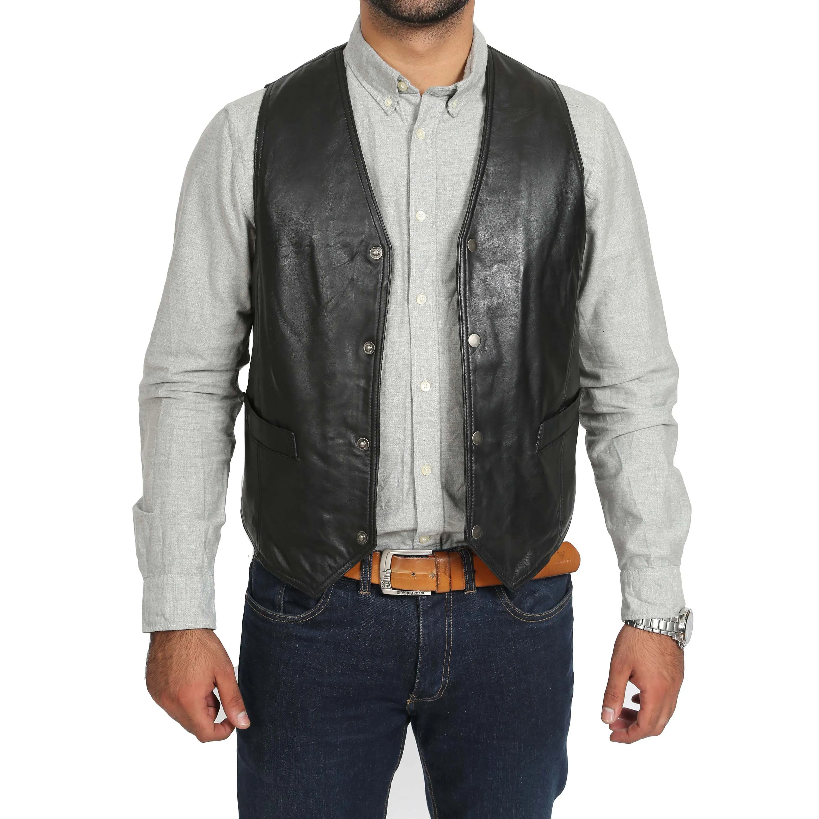 Mens Leather Traditional Waistcoat Petrelli Black