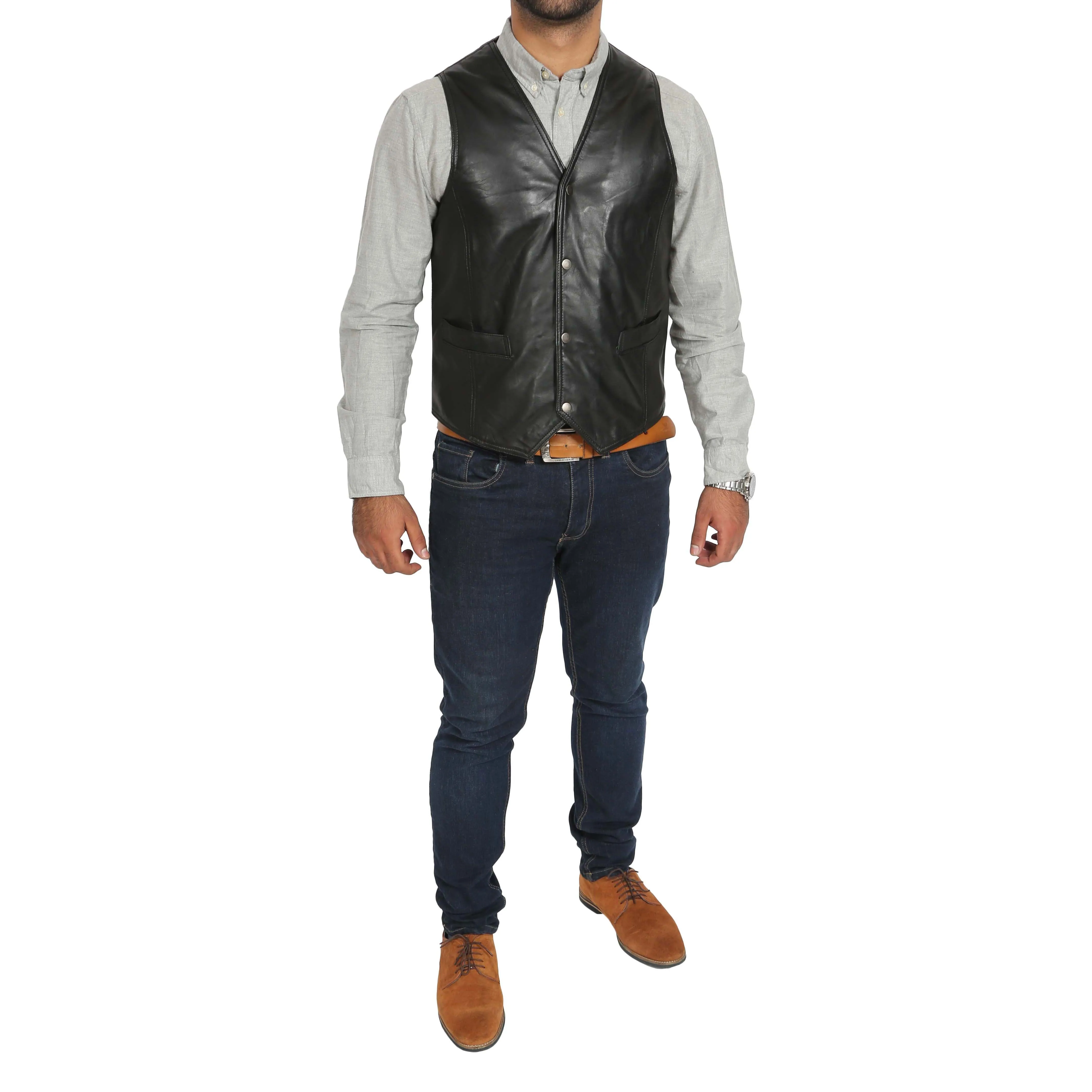 Mens Leather Traditional Waistcoat Petrelli Black