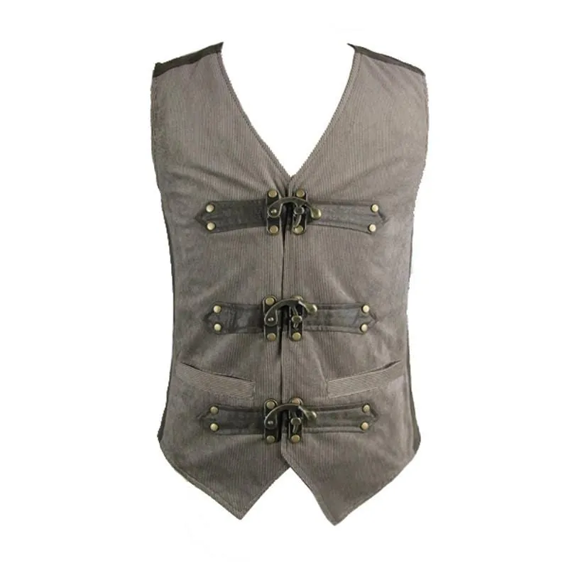 Men's Leather Trimmed Military Style Punk Vest