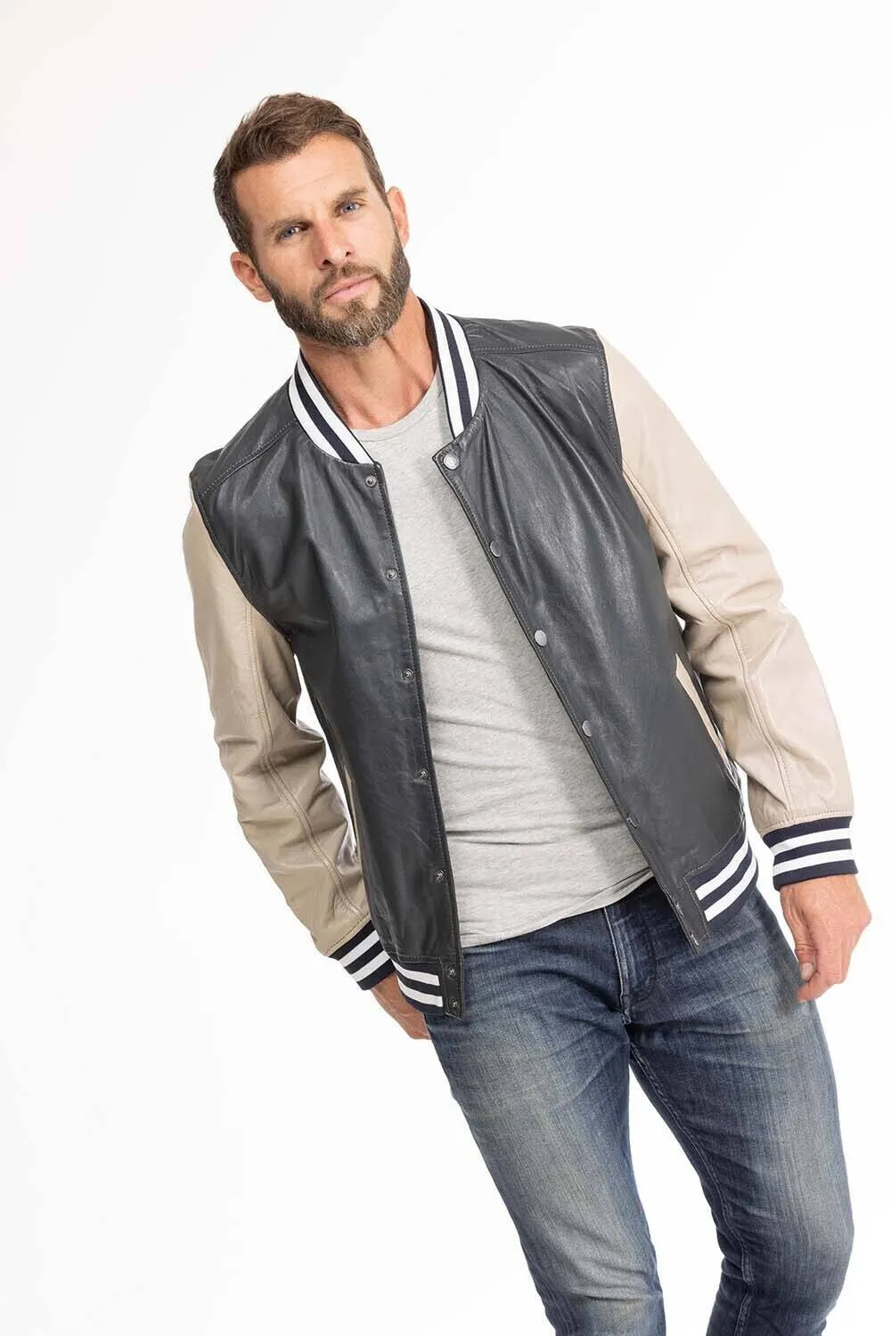 Men's navy and beige teddy style leather jacket 14923