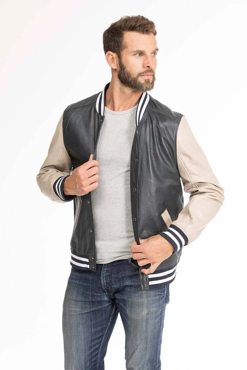 Men's navy and beige teddy style leather jacket 14923