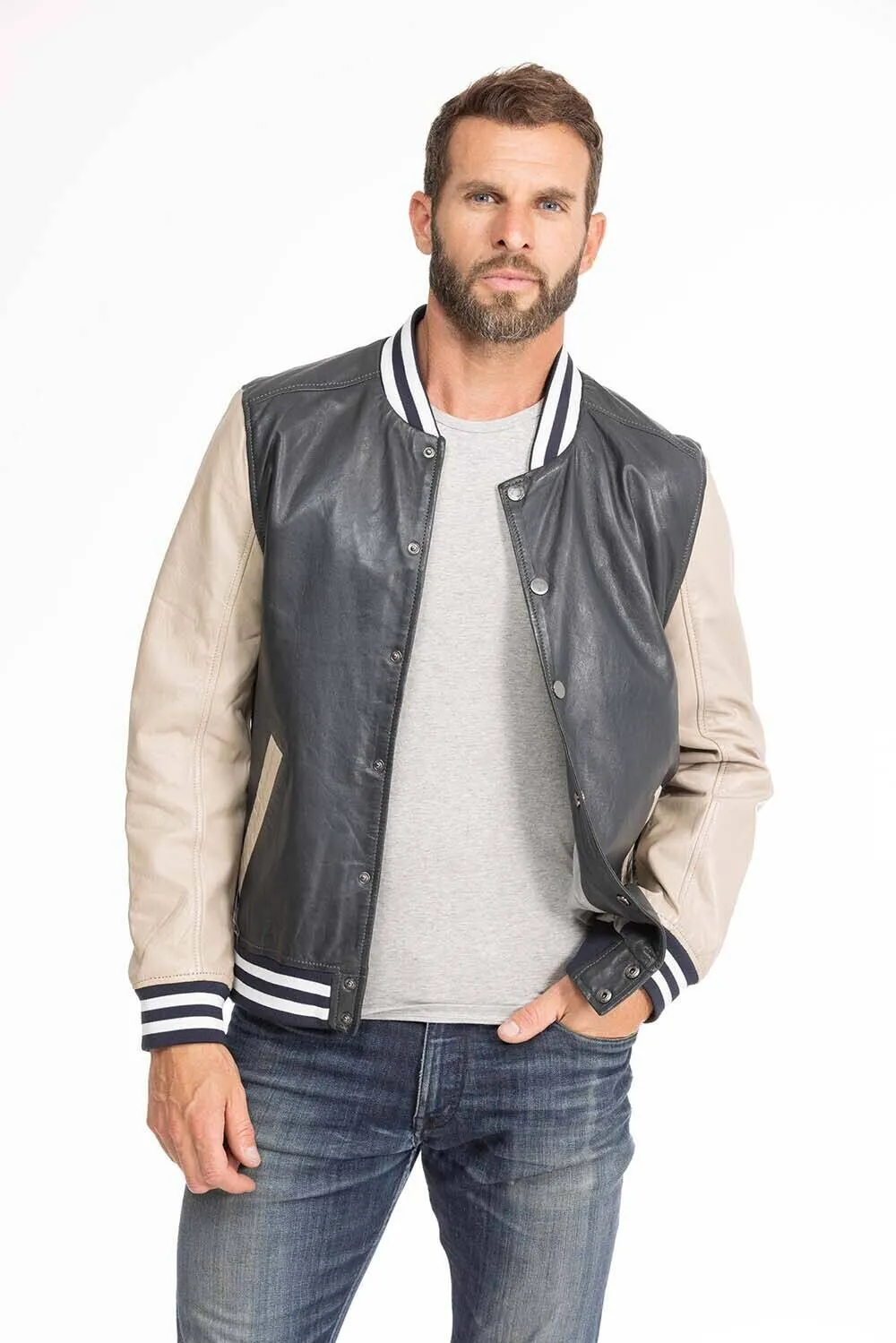 Men's navy and beige teddy style leather jacket 14923