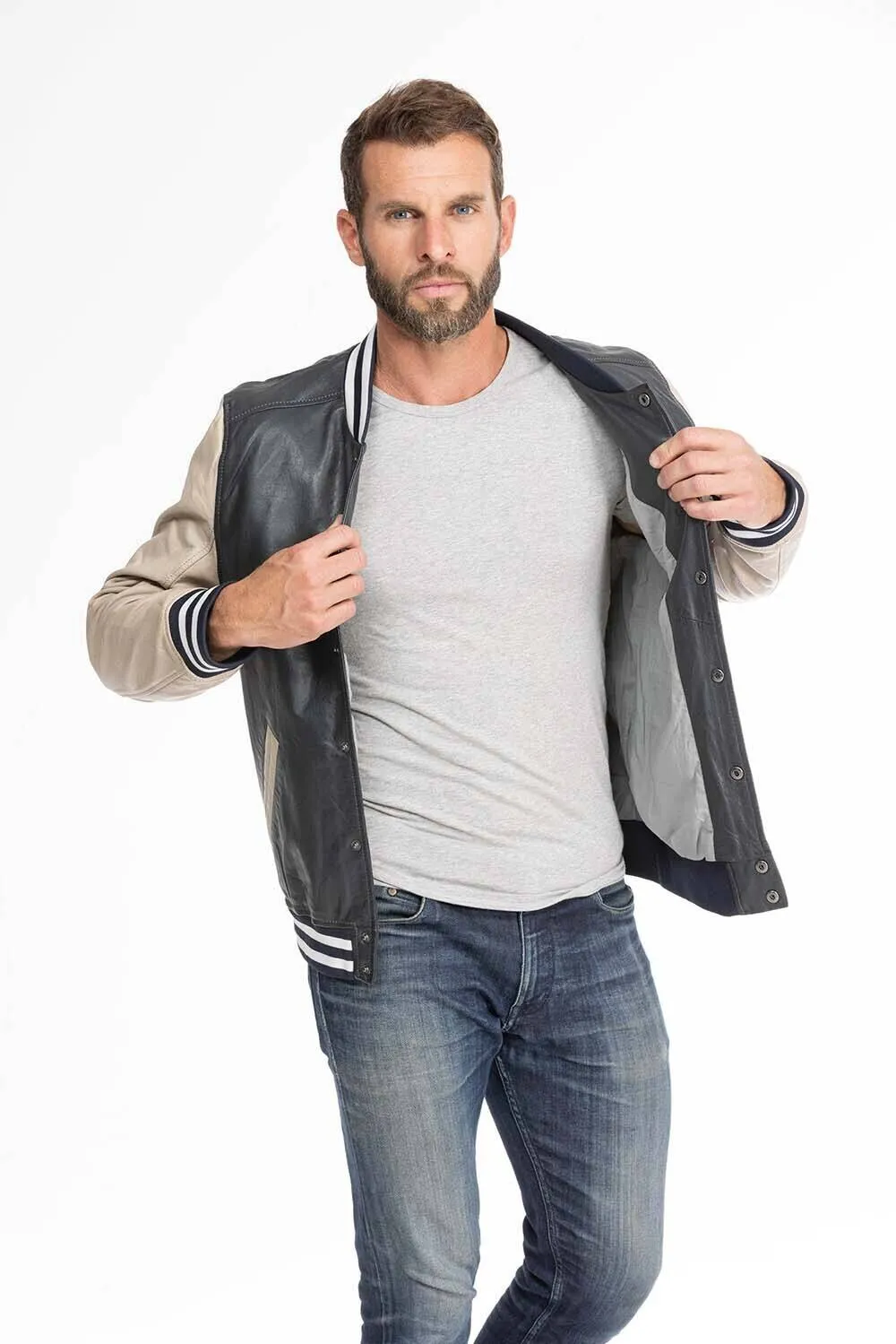 Men's navy and beige teddy style leather jacket 14923