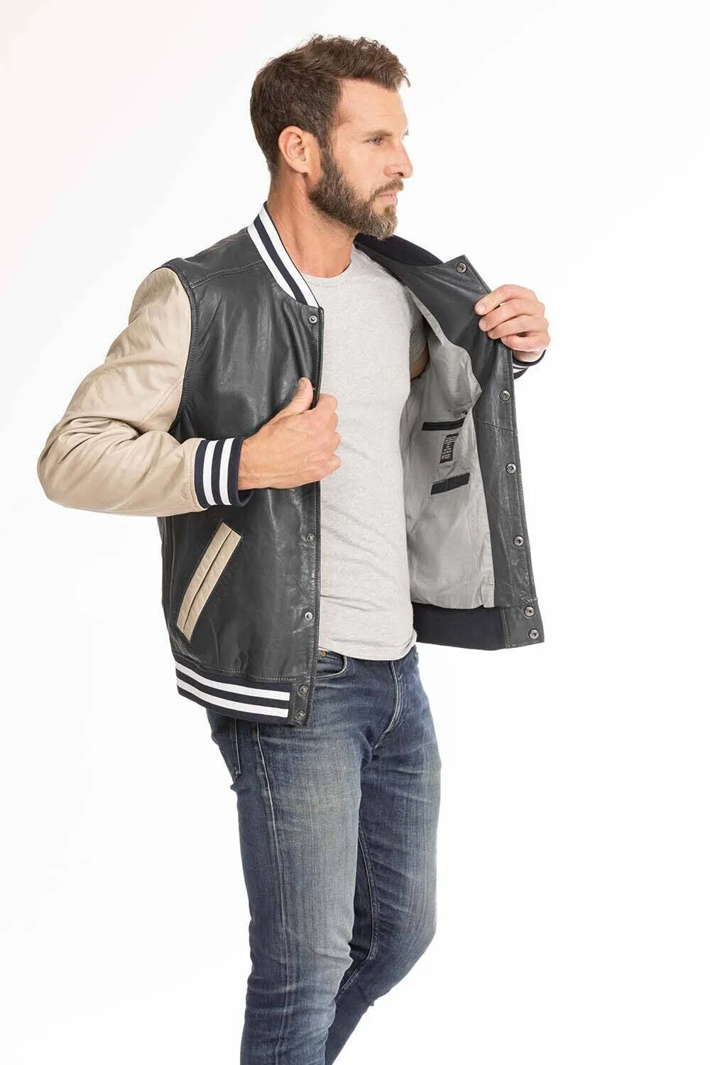 Men's navy and beige teddy style leather jacket 14923